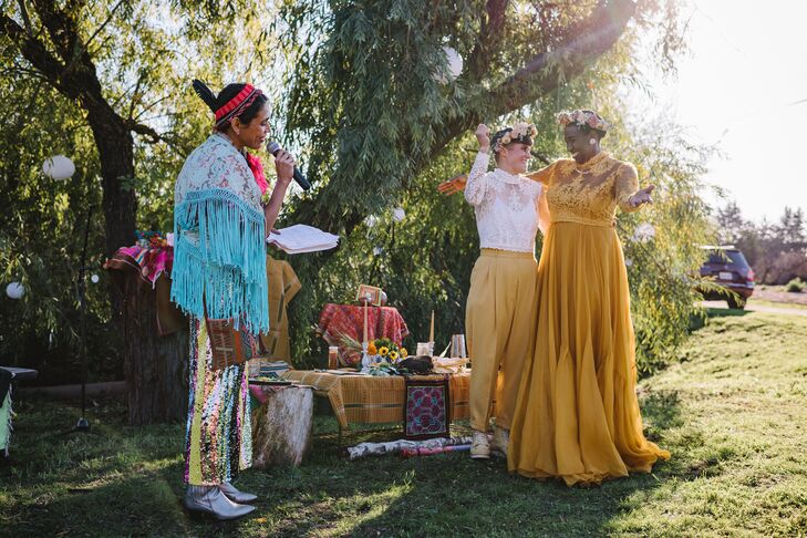 Bride in Yellow Dress, Partner in Lace Top With Flower Crowns At Altar, Native American Speaker