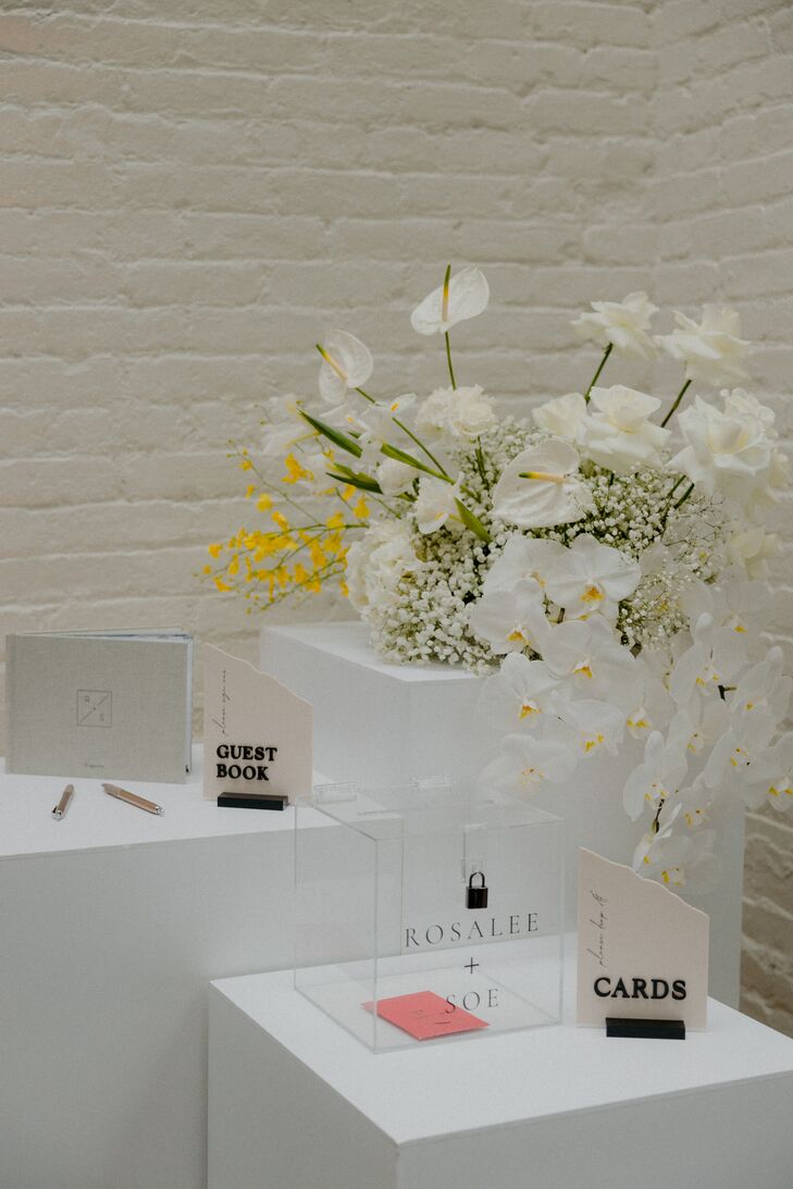 Modern, Elegant Guest Book and Wedding Cards With Transparent Box, Platforms and Light Flowers