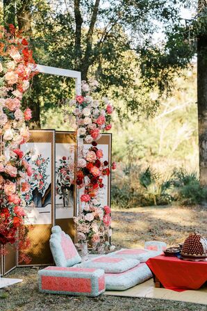Floral Arch and Backdrop at Traditional Korean Paebaek Ceremony, Table and Pillows