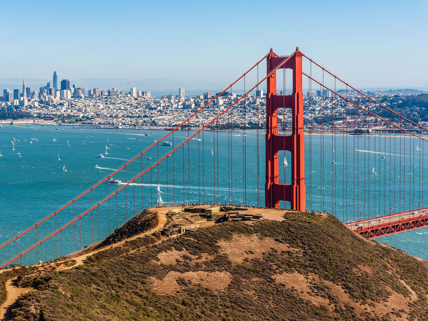 san francisco golden gate bridge overlooks city skyline
