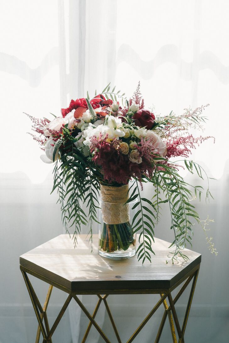 White and Burgundy Bouquet with Cascading Greenery