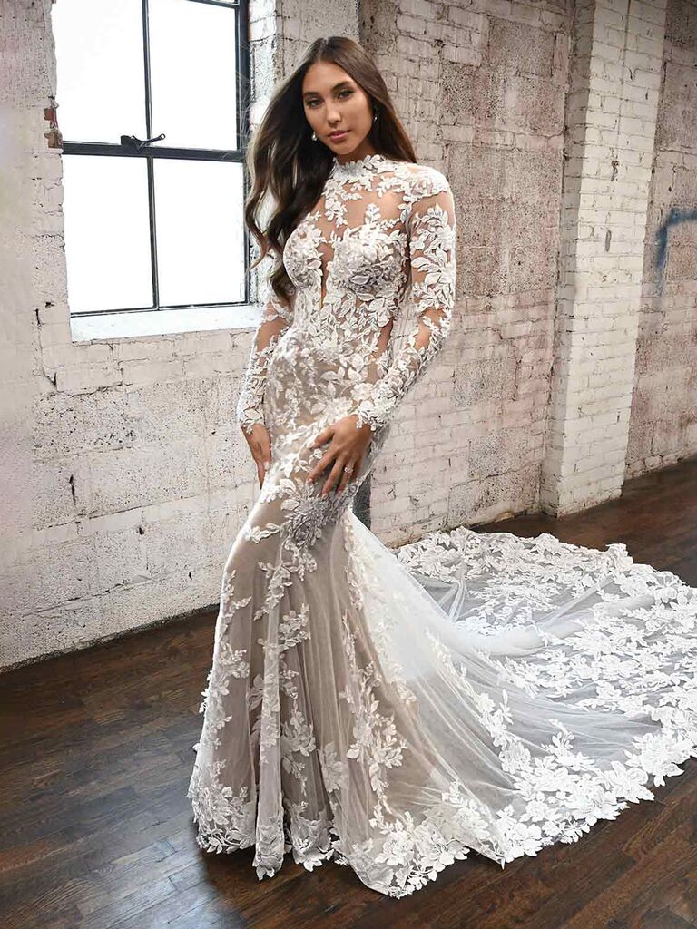 essense of australia white and nude lace high neck wedding dress with lace mesh long sleeves allover lace and form fitting flowy skirt