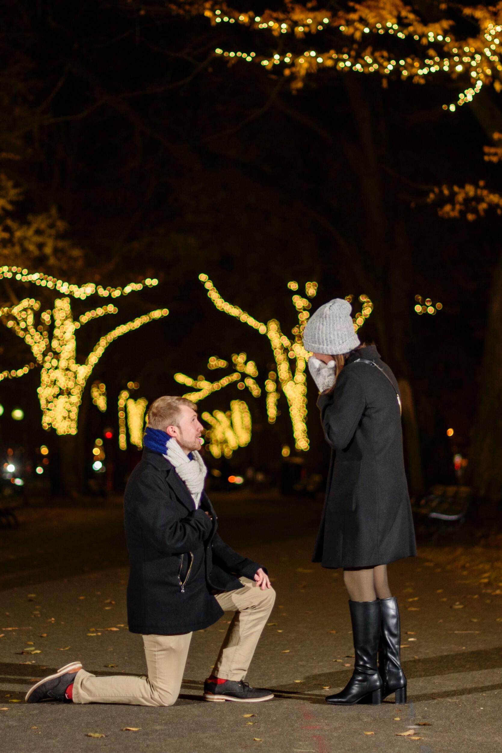 On our third anniversary, Ryan finally popped the question—at our favorite Christmas-time spot where we had our first "real date". (Spoiler: she said yes!)