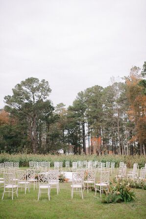 Ceremony in the Round With White Chairs on Farm in Chadbourn, North Carolina