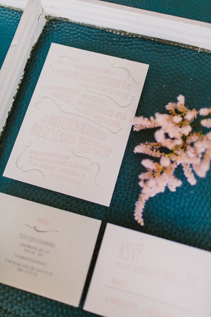 The couple designed the creatively written invitations that were printed by Cedar Lane Letterpress, which is the groom's company that began in 2012. Cedar Lane Letterpress also printed the programs, menus and escort cards.