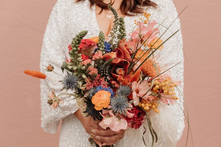 Colorful Bohemian Dried Bouquet of Coral, Blue, Pink, Orange and Red Flowers