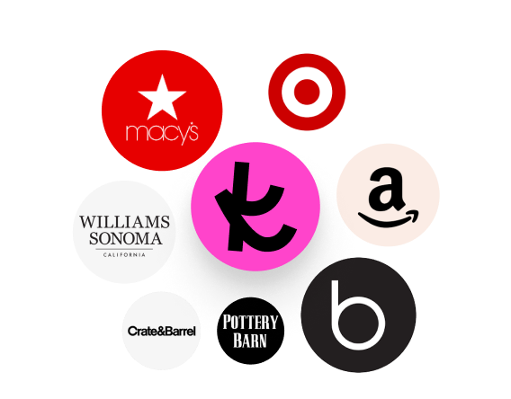 A graphic of The Knot logo surrounded by store logos including Williams Sonoma, Macy’s, Target, Amazon, Crate & Barrel, Pottery Barn and Bloomingdale’s.