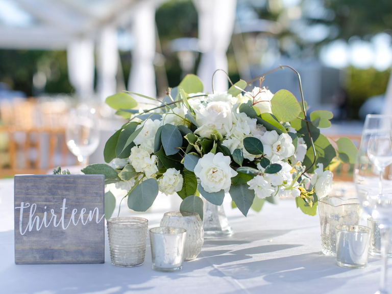 White Blooms and Eucalyptus Floral Centerpieces
