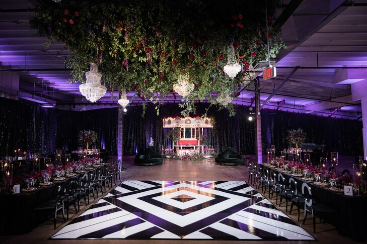 Black-and-White Dance Floor and Custom Carousel at Carnival-Themed Wedding