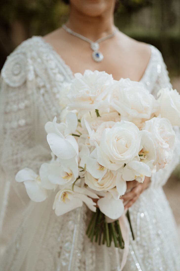 All-White Wedding Bouquet With Roses and Orchids