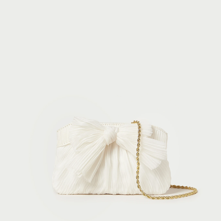 Mini white bow-detail bridal clutch with detachable strap from Loeffler Randall