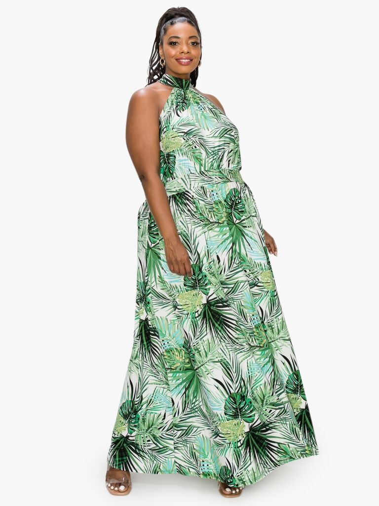 LIVID tropical floral maxi wedding guest dress with palm tree print