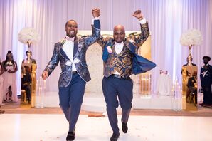 Ceremony Recessional With Grooms in Ornate Blue-and-Gold Brocade Tuxedos