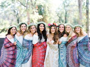 Bride and Wedding Party in Tie-Dye Shawls and Flower Crowns