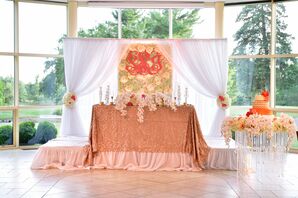 Glamorous Peach SweetheartTable with Monogrammed Backdrop