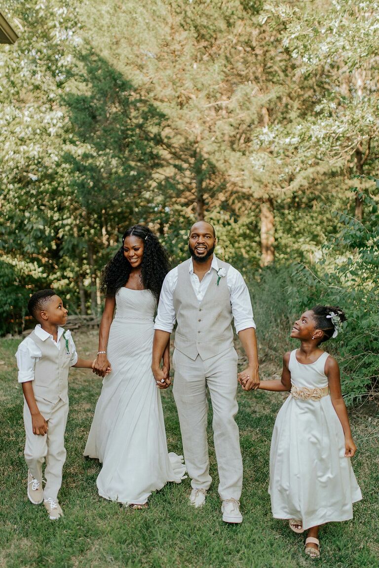 Family wearing casual white wedding attire