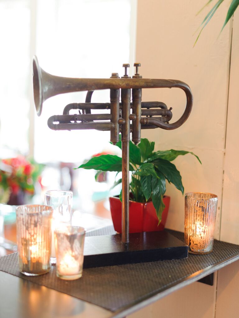 Vintage trumpet wedding reception decoration.
