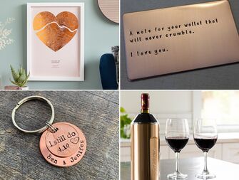 Collage of copper gift ideas for anniversary. 