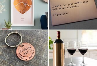 Collage of copper gift ideas for anniversary. 