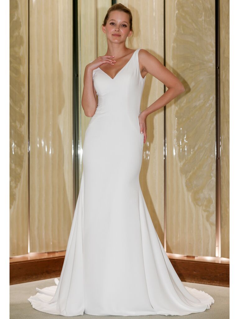 Randy Fenoli Fall 2019 Bridal Collection simple crepe trumpet wedding dress with V-neck