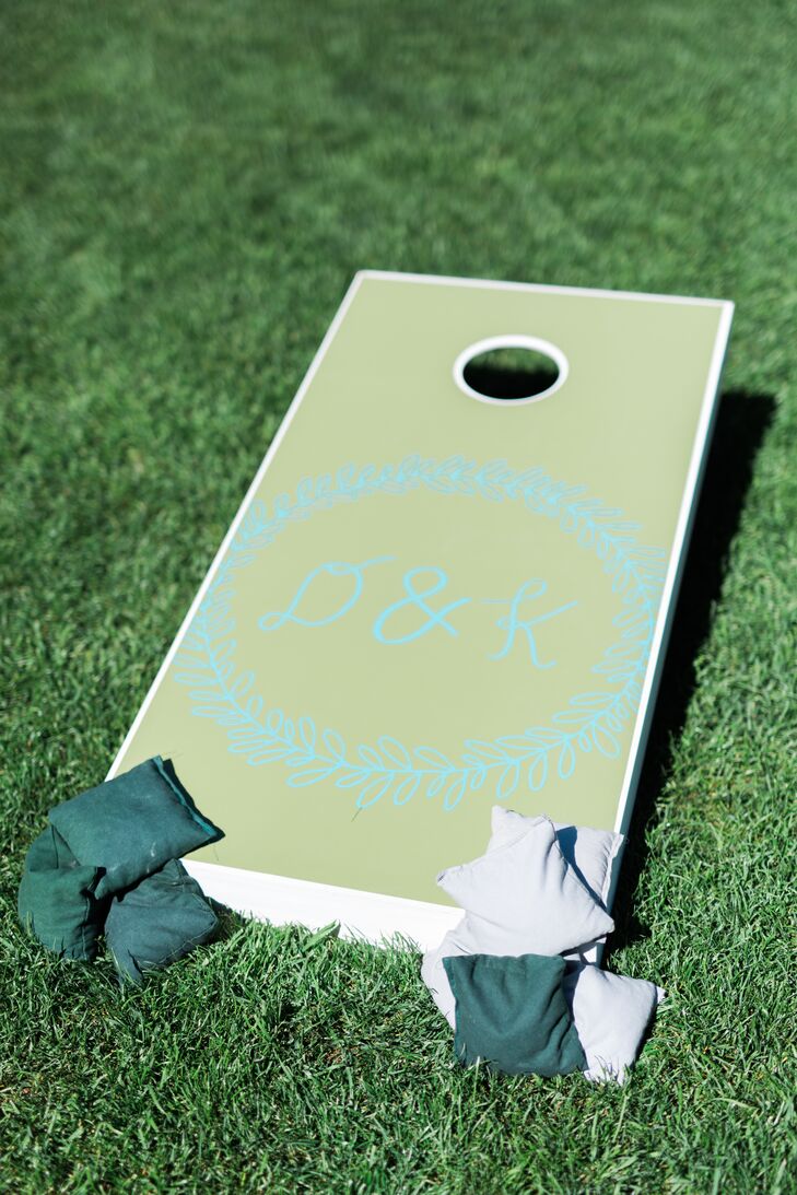 Devin and Kay handcrafted corn hole boards and bags for the reception at Lyons Farmette in Lyons, Colorado.