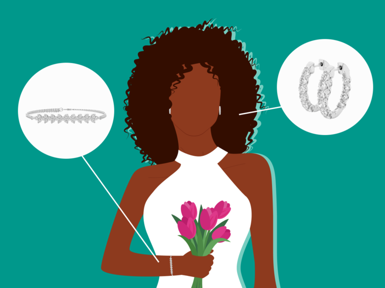 illustrated bride wearing sleeveless dress with Grown Brilliance lab-grown diamond jewelry