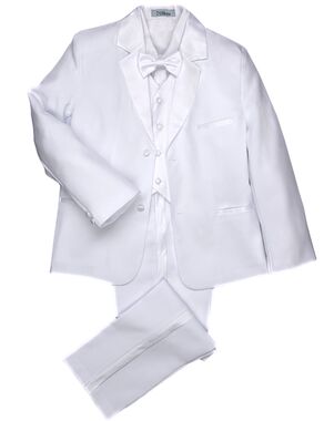 Little Tuxedos "Princeton" Kids White Tuxedo (5-Piece Set) Flower Girl Dress and Ring Bearer Outfit