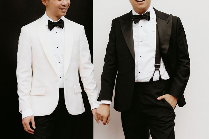 Grooms in White Tuxedo Jacket, Groom in Black Tuxedo Jacket With Black-and-White Backdrop