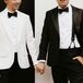 Grooms in White Tuxedo Jacket, Groom in Black Tuxedo Jacket With Black-and-White Backdrop