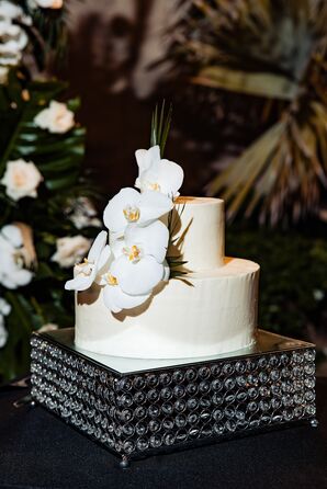 Small, Two-Tier White Wedding Cake on Jeweled Stand, White Orchids