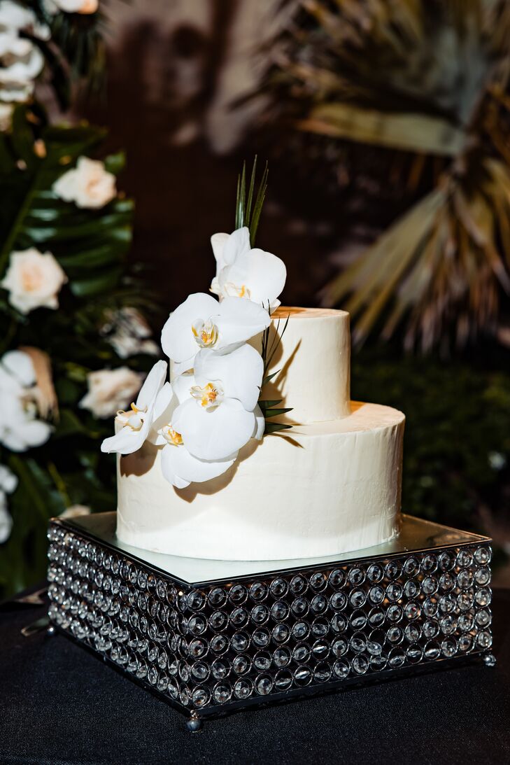 Small, Two-Tier White Wedding Cake on Jeweled Stand, White Orchids