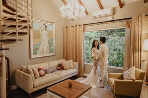 Bride and Groom at Home During Intimate Elopement