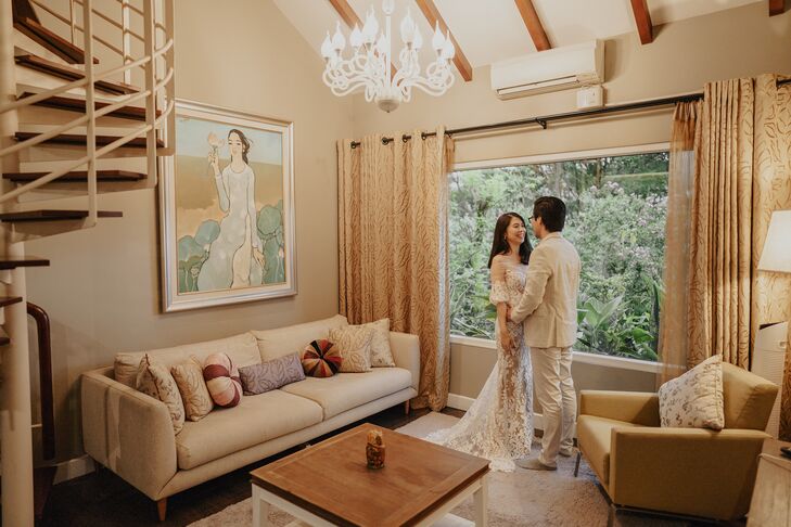 Bride and Groom at Home During Intimate Elopement
