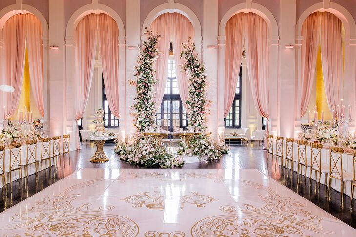 Reception With Custom White-and-Gold Dance Floor With Pink Drapes and Details, Long Tables