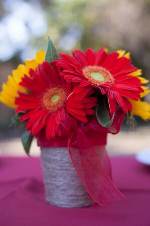 Red Gerbera Daisy and Yellow Sunflower Arrangement