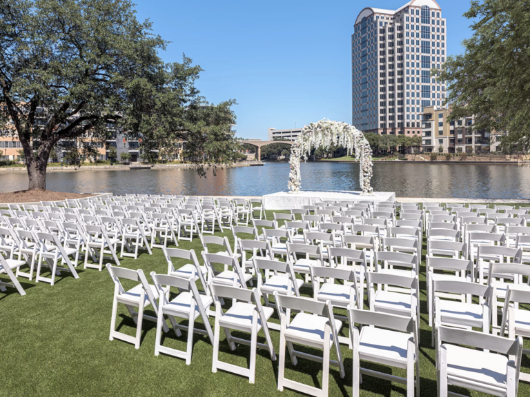 Outdoor waterfront ceremony space at Omni Las Colinas Hotel wedding venue in Dallas, Texas