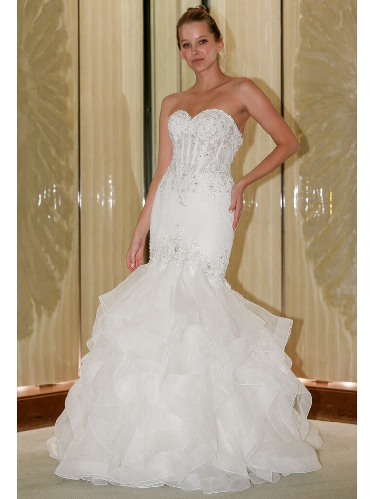 Randy Fenoli Fall 2019 Bridal Collection mermaid wedding dress with dramatic ruffled tiered skirt and sweetheart neckline