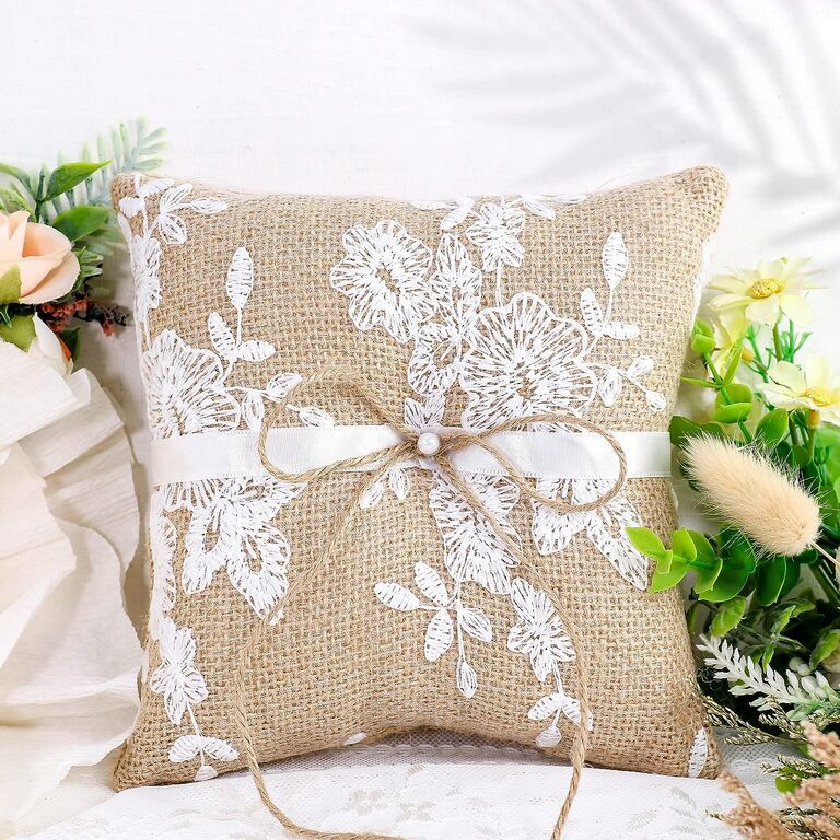 Burlap ring bearer pillow with Rustic Lace Embroidered Flower detail