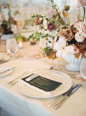 Classic Place Setting, Turquoise Menu, White China, Low Neutral Floral Centerpieces