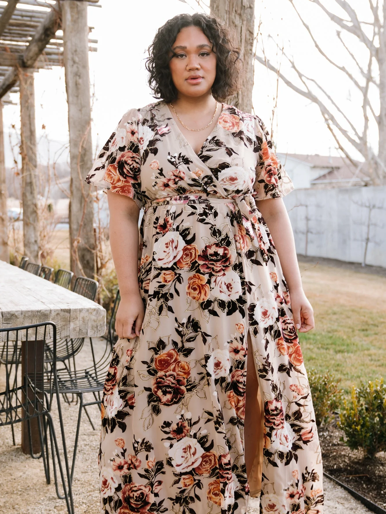 A model shows off this dreamy, romantic floral dress.