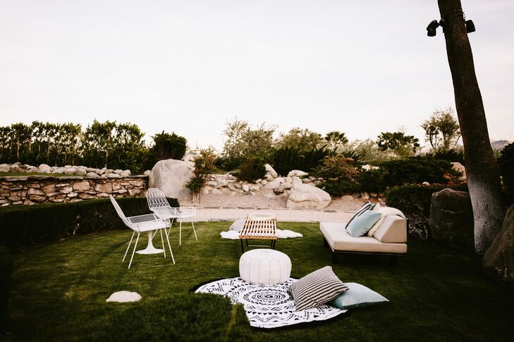 At Frederick Loewe Estate in Palm Springs, California, guests could relax on vignettes artfully appointed with modern white chairs, couches and love seats.