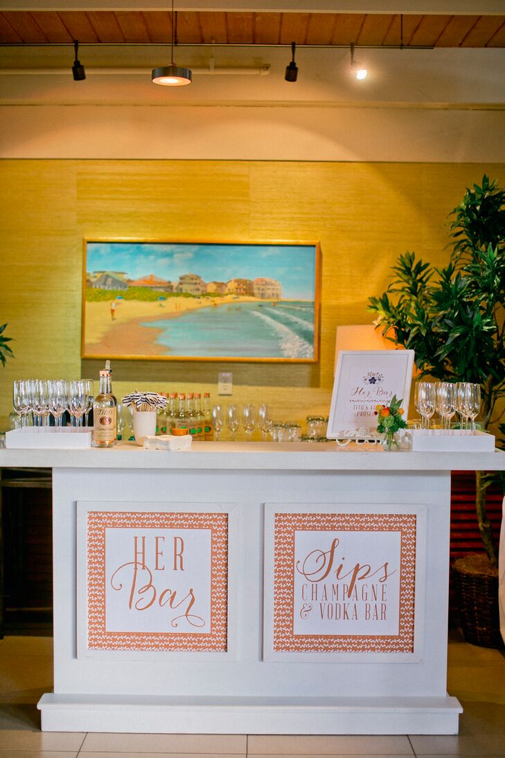 Amanda and Alex created “his” and “hers” bars where they served speciality cocktails—bourbon for the groom and champagne and vodka for the bride.