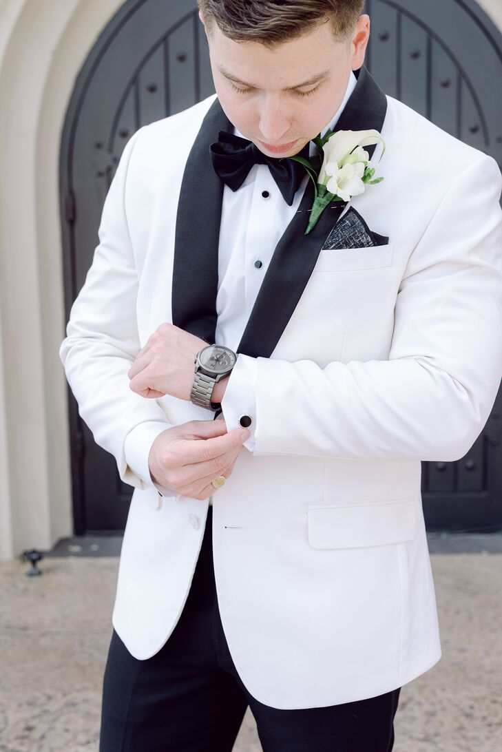 Groom in Black-and-White Tux With Cufflinks