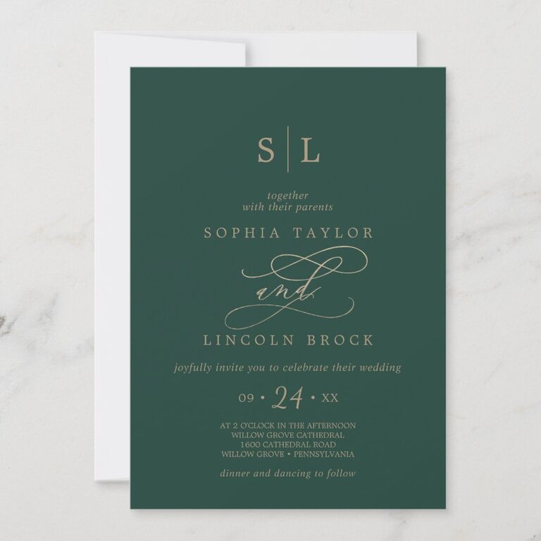 Elegant green background affordable wedding invitation 