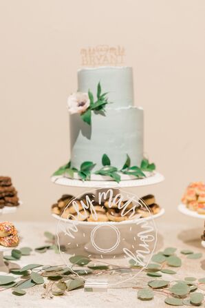 Wedding Cake With Blue Vanilla Icing and Cake Flowers