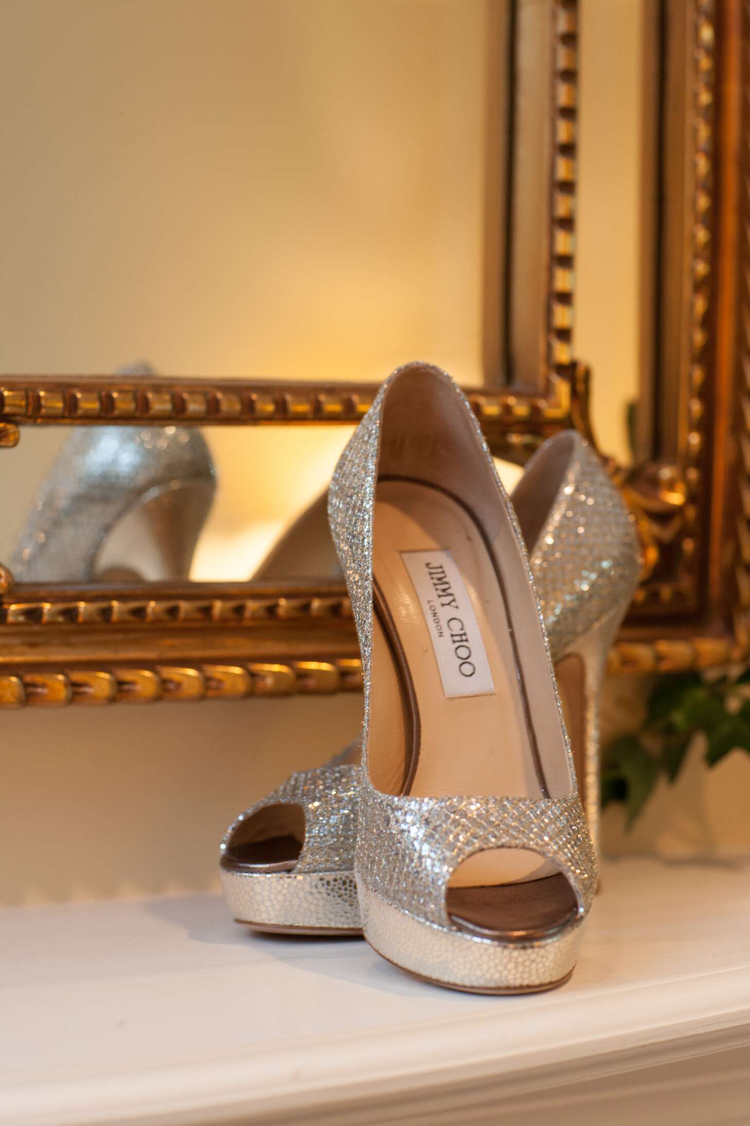 Jimmy Choo Pearl Shoes at The Tythe Barn Rustic Wedding