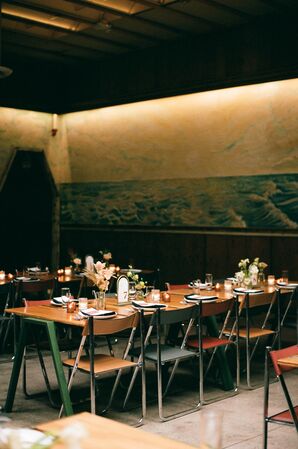 Reception With Low Lighting, Mural, Long Wood Tables With Minimalistic Decor, Low Arrangements