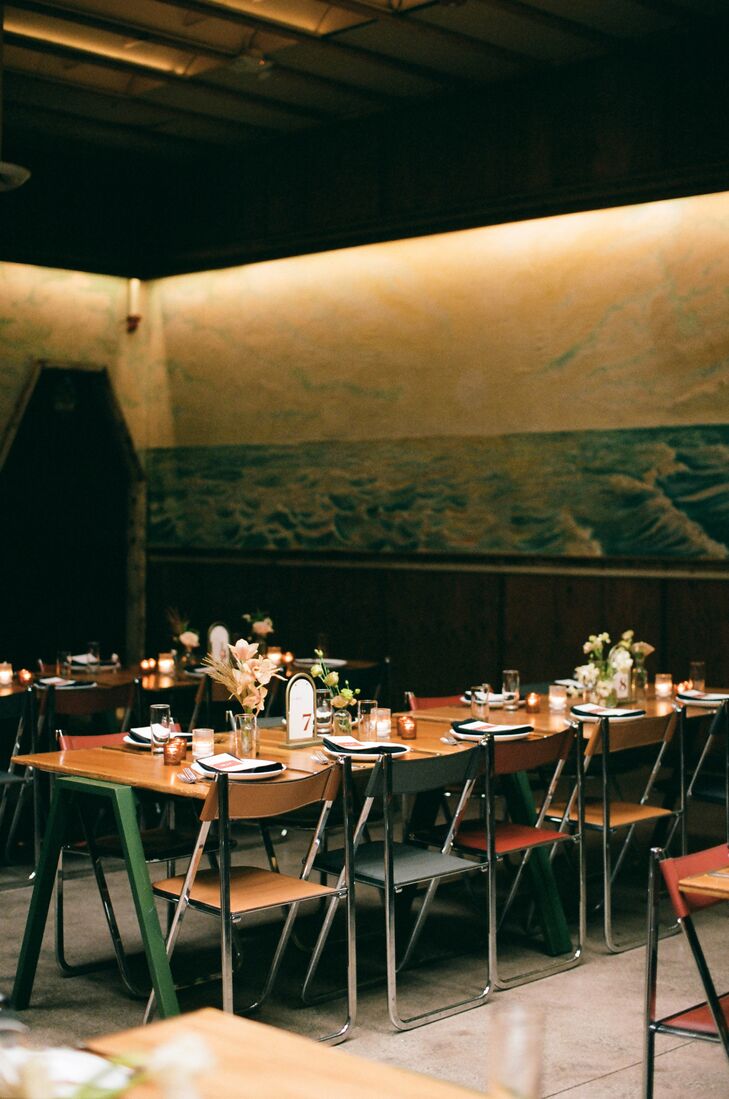 Reception With Low Lighting, Mural, Long Wood Tables With Minimalistic Decor, Low Arrangements
