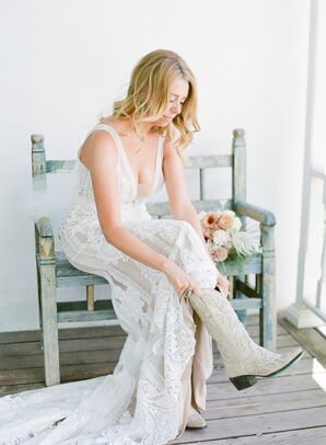 Rustic Bride with Wedding Dress, Down Hairstyle and White Cowboy Boots