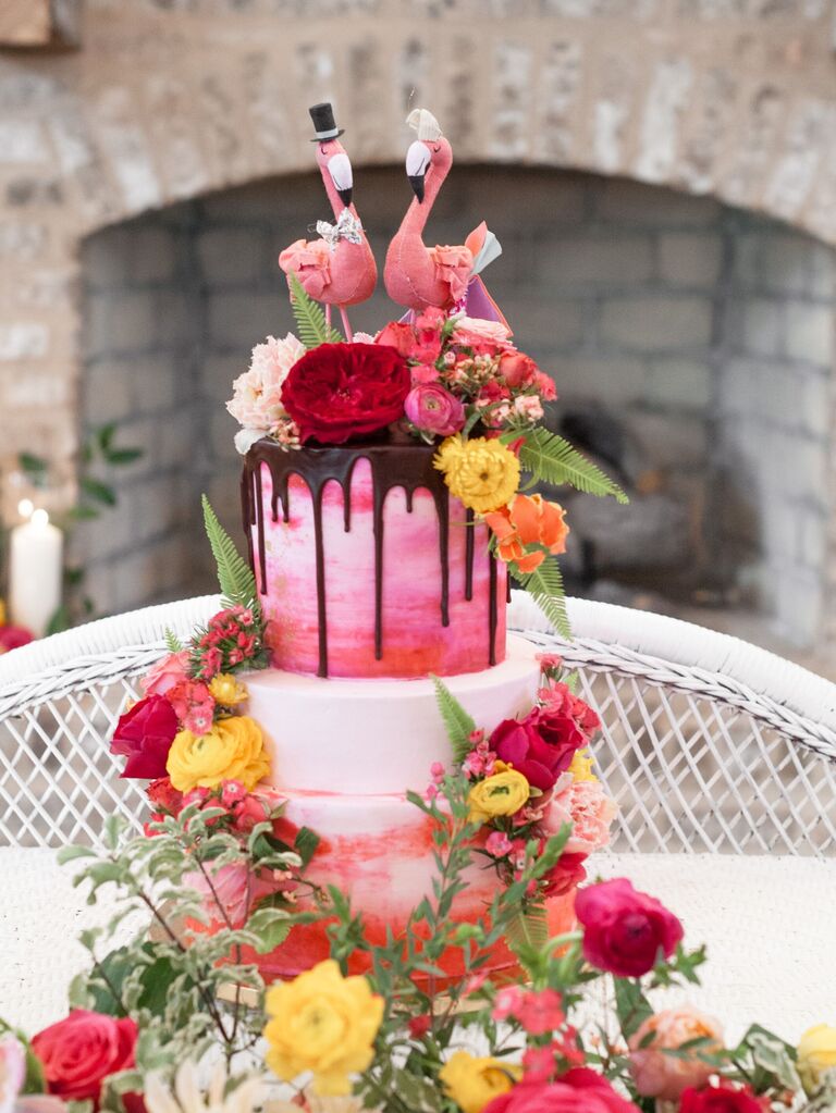Pink flamingo animal wedding cake toppers. 